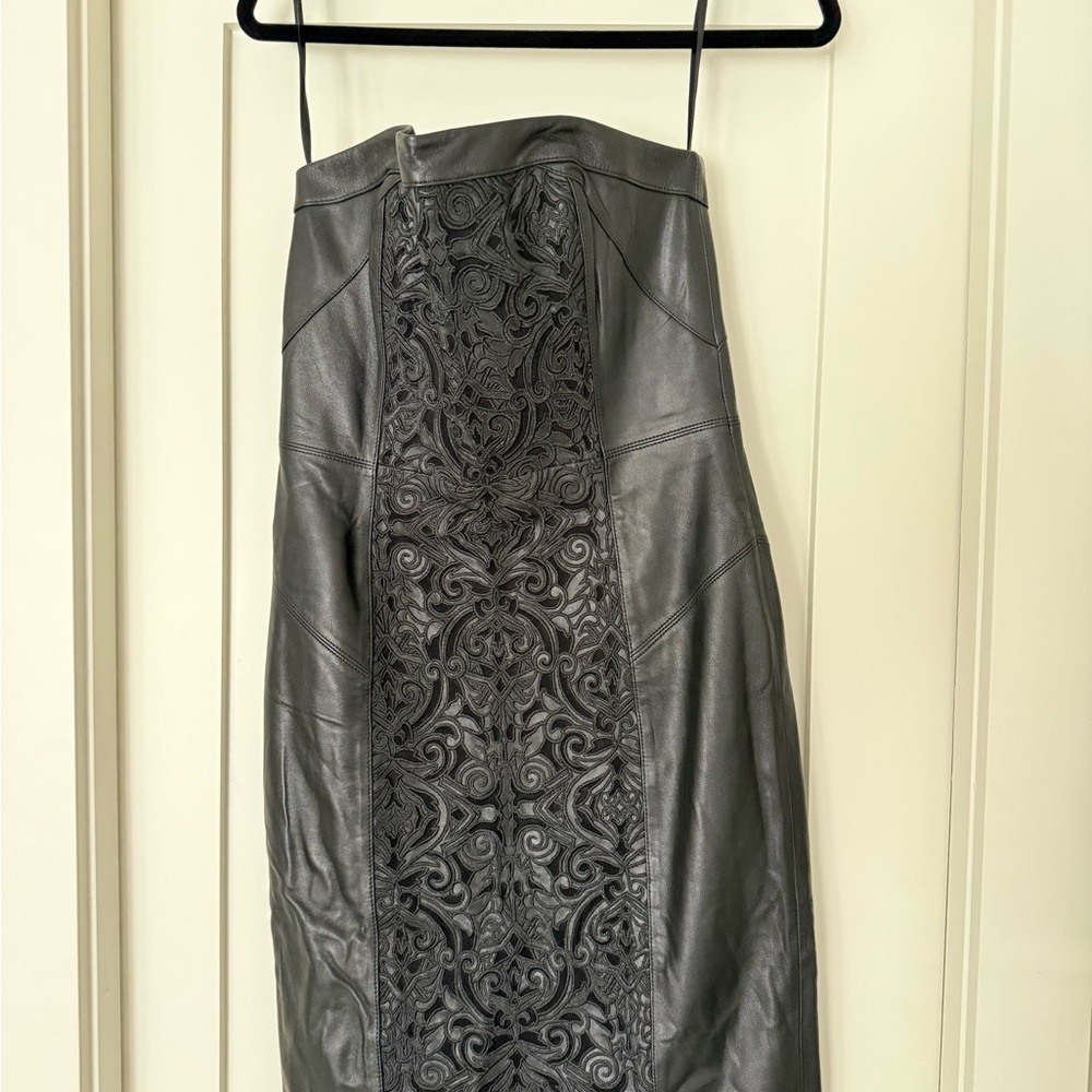 White House Black Market Black Strapless Leather Dress with Embossed Center